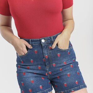 Strawberry embroidered denim shorts women’s